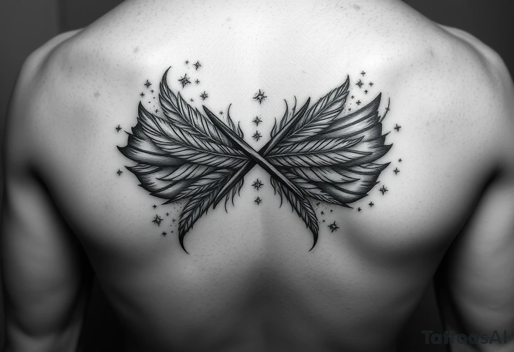 infinity symbol woven with floating feathers and stardust tattoo idea