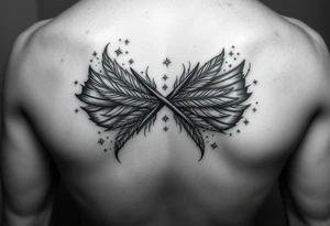 infinity symbol woven with floating feathers and stardust tattoo idea