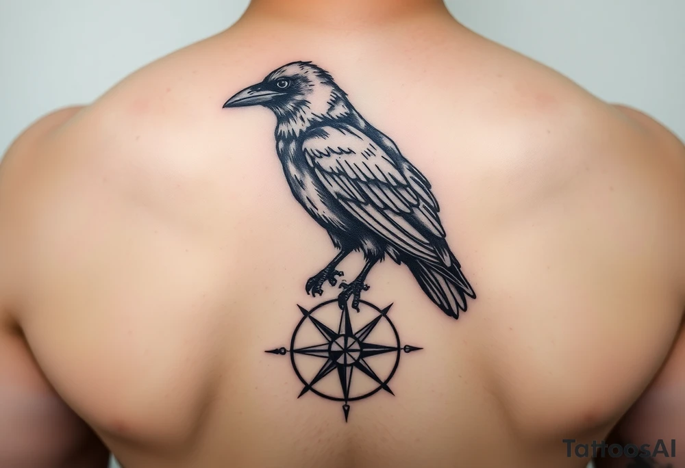 a raven stands on a compass. tattoo idea