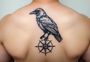 a raven stands on a compass. tattoo idea