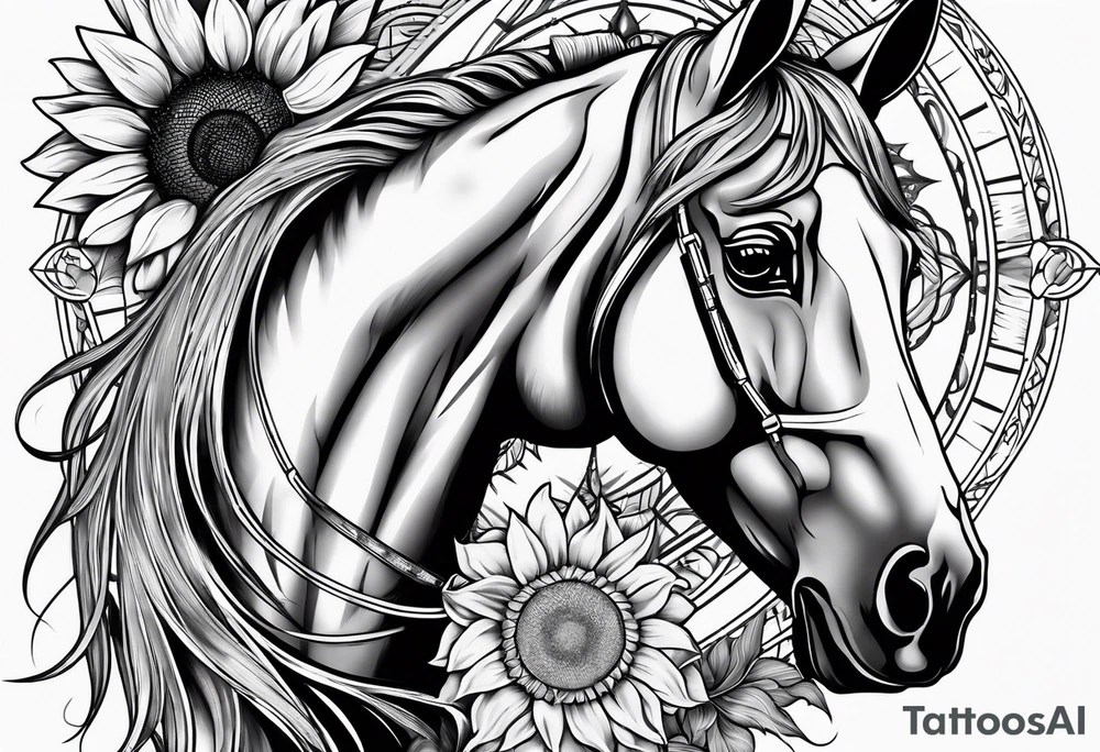 Horse, compass, sunflower tattoo idea