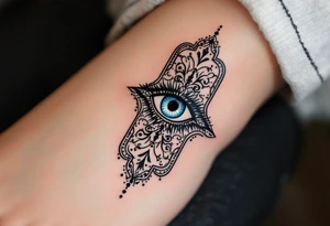 A detailed black ink Hamsa with a piercing blue evil eye at its center, warding off negativity. tattoo idea