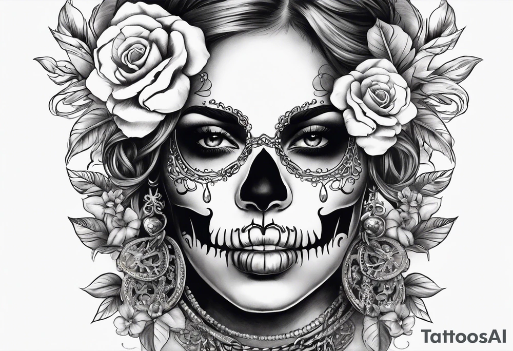 Draw me a Lady like skull with smoke out of his mouth add some flowers underneath with some ornamentals and Chains under it tattoo idea