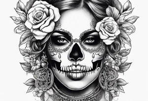 Draw me a Lady like skull with smoke out of his mouth add some flowers underneath with some ornamentals and Chains under it tattoo idea