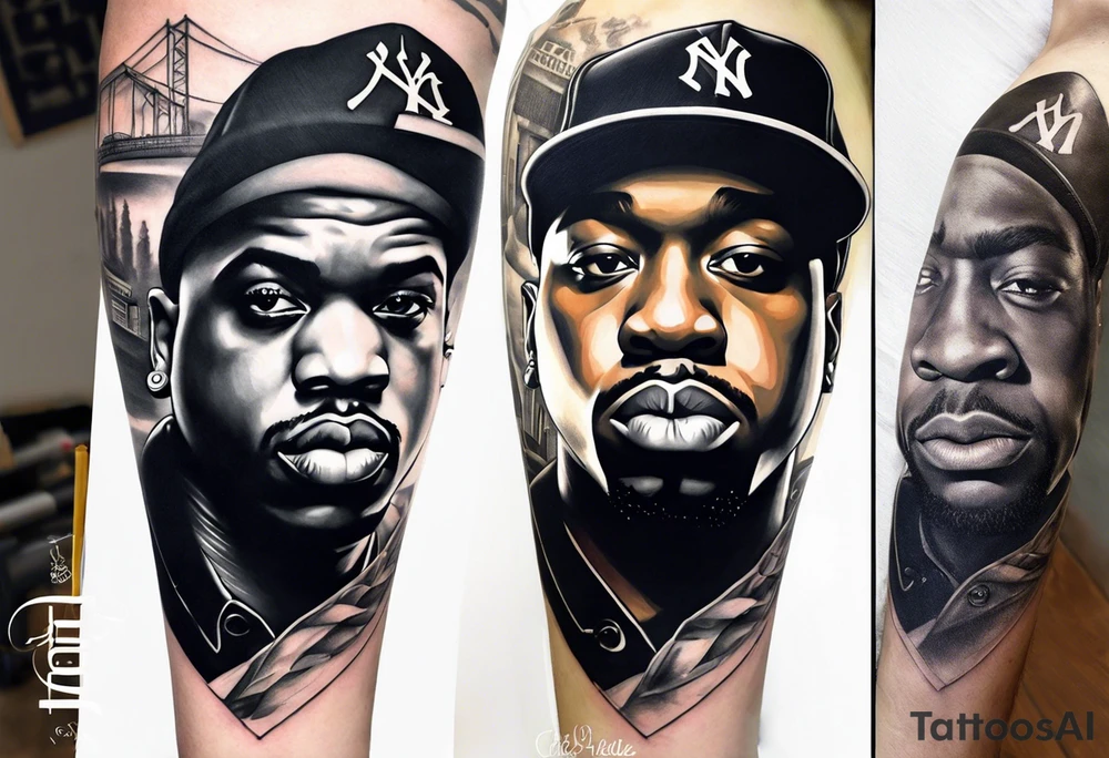 To design a leg sleeve tattoo featuring famous rappers Biggie Smalls, Tupac, Eminem, Dr. Dre, Eazy-E, Ice Cube, along with the LA sign and California Compton theme in black and white shading, follow these steps: tattoo idea