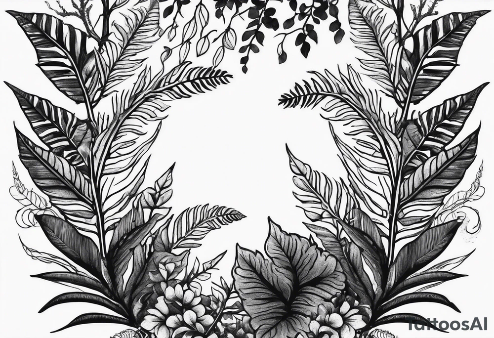 A detailed, vintage-style black and white tattoo of ferns, leaves, and moss, in a simple design. tattoo idea