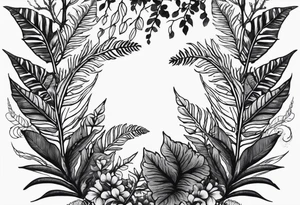 A detailed, vintage-style black and white tattoo of ferns, leaves, and moss, in a simple design. tattoo idea