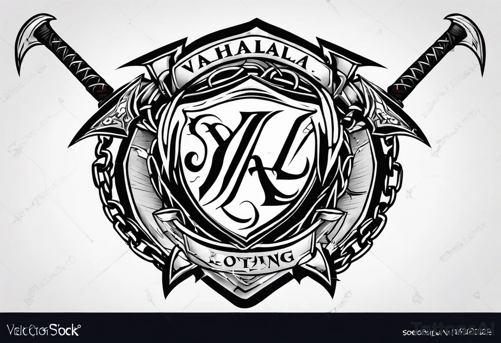 Valhalla sword round
shield axe barbed wire chains dark cloud lightning tattoo idea