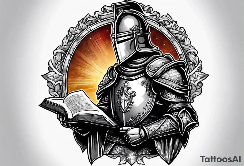 knight holding a bible over his head tattoo idea