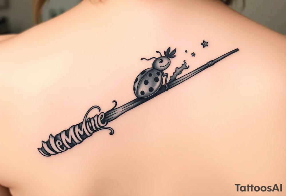 A ladybug getting out of hermione's magic wand like it was a spell. Magic dust all around the wand that looks almost smoky. I also want some small details around it that would make a piggyback on harry potter's movie like harry's glasses, a lightning, the golden snitch, etc... tattoo idea