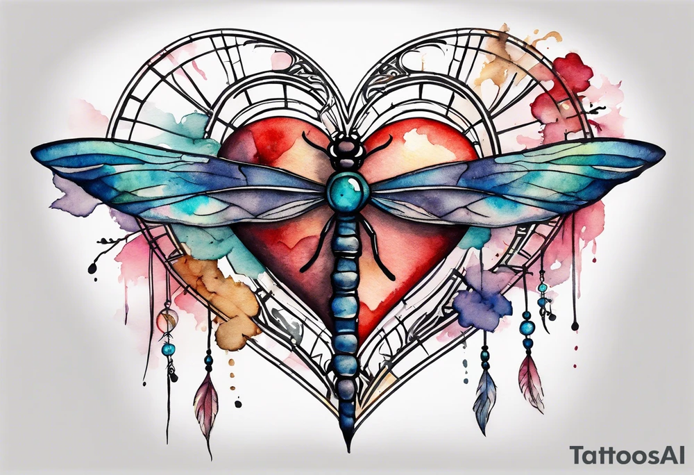 Watercolor tattoo of heart with big cross going through the heart. Small Dragonfly flying on side with dreamcatcher tattoo idea