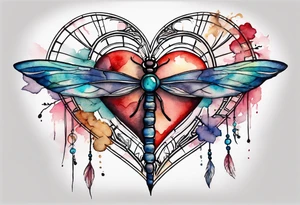 Watercolor tattoo of heart with big cross going through the heart. Small Dragonfly flying on side with dreamcatcher tattoo idea
