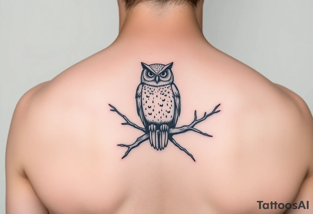 wise owl perched on ancient oak branch under starlit sky tattoo idea