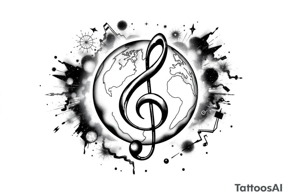 system of the universe with earth and a clef for my love to music, tattoo idea