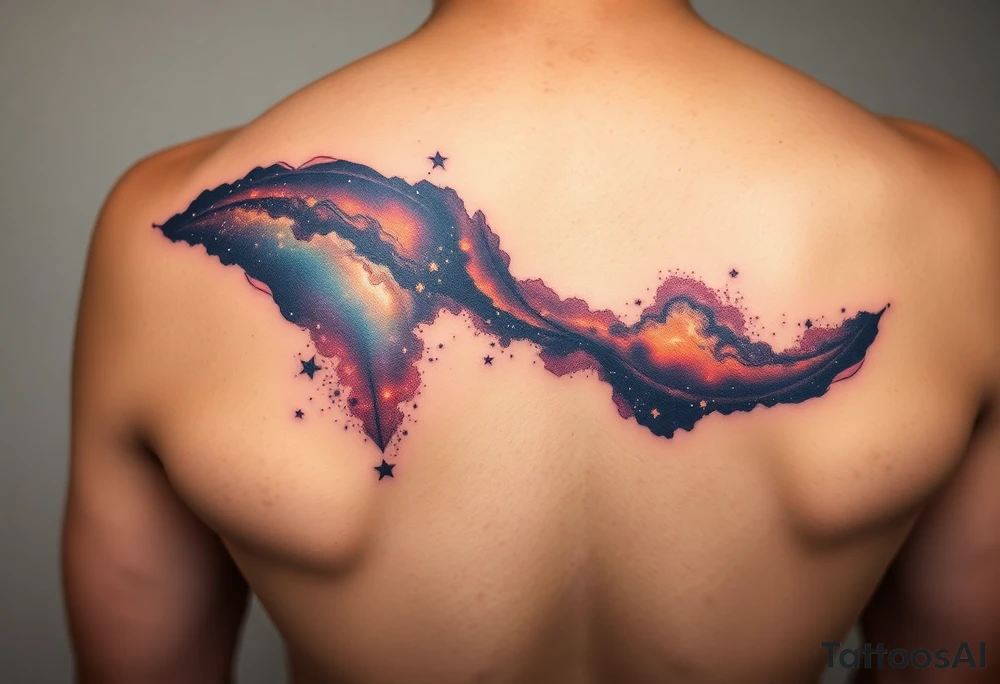 Beautiful and epic 3d milky way that appears to be what is beneath the skin. Make it drape over the shoulder and move to the middle back. use negative spaces to create stars and dust. Incorporate God breathing life into the universe. Keep it symmetrical tattoo idea