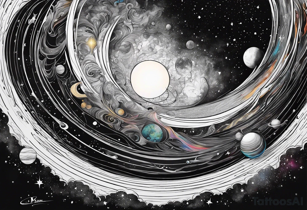 Half sleeve tattoo of planets orbiting a black hole. tattoo idea