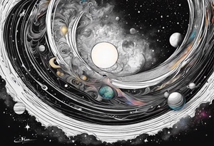 Half sleeve tattoo of planets orbiting a black hole. tattoo idea