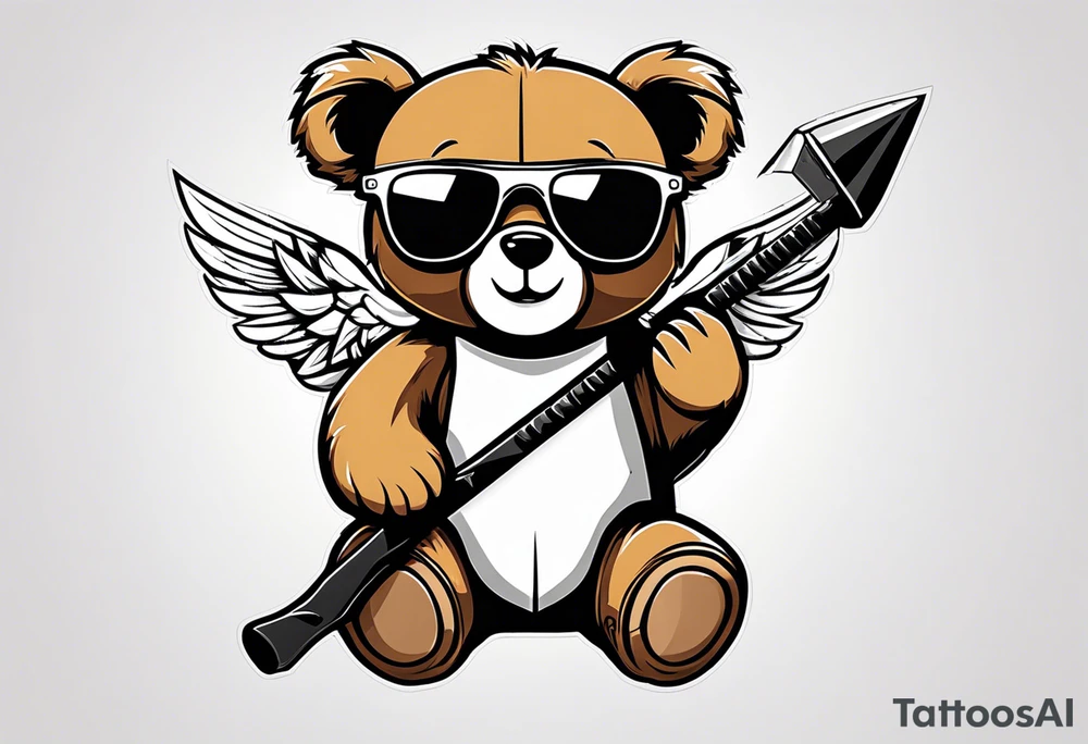 Teddy bear with wings wearing big sunglasses holding a hammer tool tattoo idea