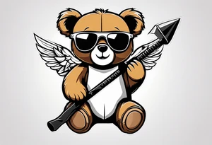 Teddy bear with wings wearing big sunglasses holding a hammer tool tattoo idea