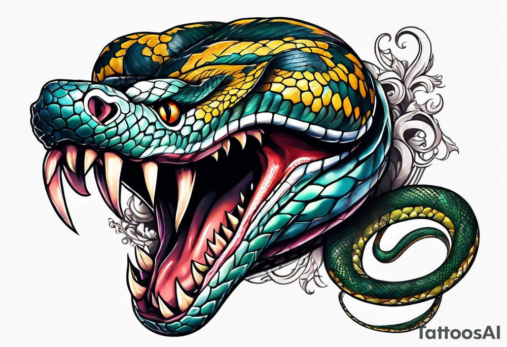 Snake with an evil out inside of its mouth tattoo idea