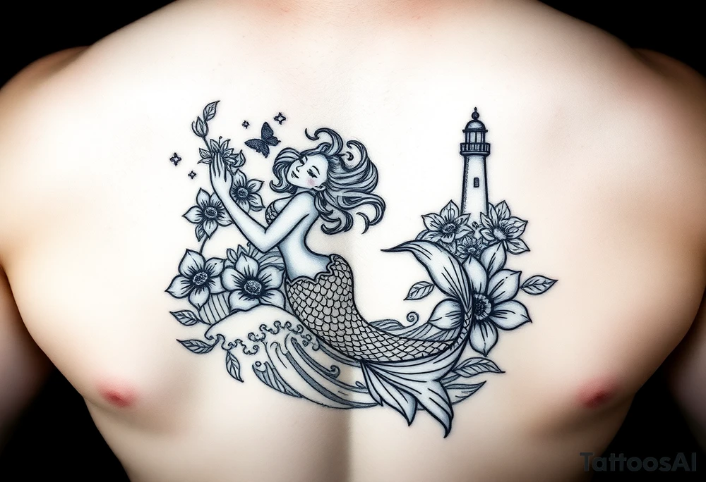 Mermaid in waves with flowers and lighthouse tattoo idea