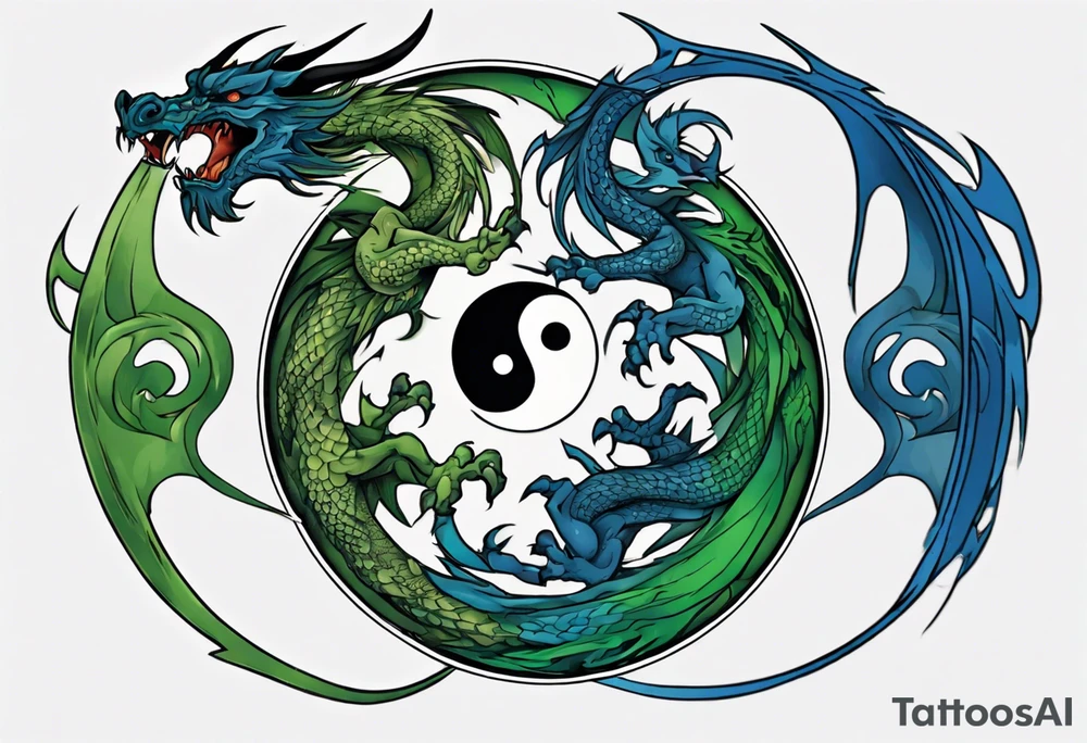 ying yang dragon half blue half green tattoo idea
