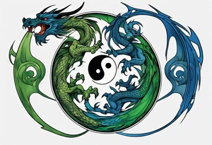 ying yang dragon half blue half green tattoo idea