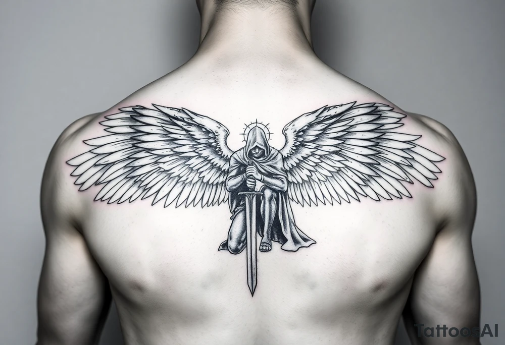 Soldier Angel with long sword kneeling looking down cloak over head wings spread tattoo idea, upper chest tattoo idea