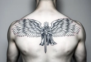 Soldier Angel with long sword kneeling looking down cloak over head wings spread tattoo idea, upper chest tattoo idea