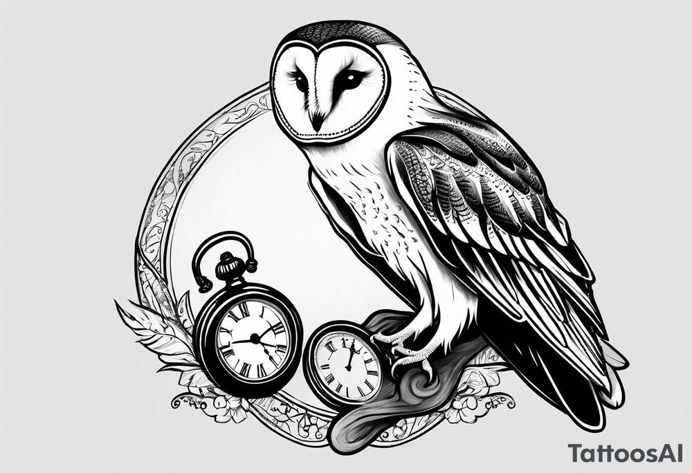 Barn owl holding a pocket watch with the time set at 1:43 tattoo idea