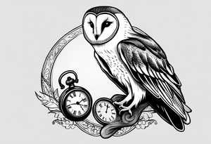 Barn owl holding a pocket watch with the time set at 1:43 tattoo idea