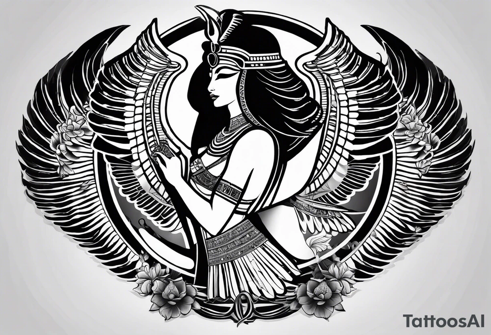 black and white Egyptian goddess Isis, who is often depicted as a woman with outstretched wings, holding an ankh (a symbol of life) in one hand and a lotus flower in the other. Her headdress often includes a throne or a solar disk. The tattoo design can vary in style and size, but it typically aims to capture the essence of this revered Egyptian deity, emphasizing her beauty, power, and maternal qualities. The choice of colors and additional elements can also be customized to create a unique and visually striking representation of the goddess Isis tattoo idea
