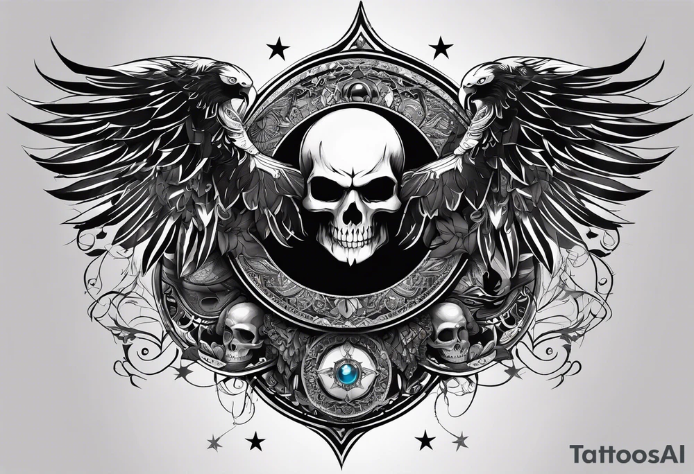 black kali, goddess pirate, alien, pachamama, valkrye, warrior, skull, lotus azul, wing, eagle, zenza resonance, stars, one side chest tattoo idea