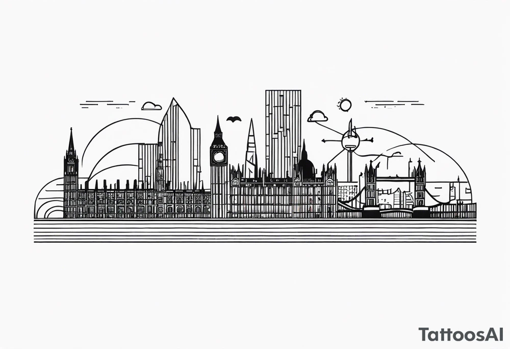 A minimalistic, abstract design capturing the architectural essence and vibe of London. Key elements of London’s skyline and structure are hinted at with clean lines, and subtle detailing includes personal touches, like a nod to Feid’s signature look (hat, glasses, mustache), integrated discreetly to honor a memorable concert experience. tattoo idea