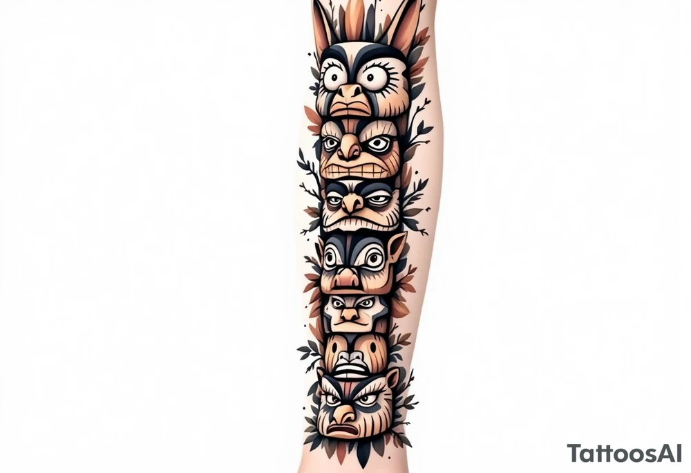 A black and brown totem pole with stacked animal faces carved into bark-like texture. tattoo idea