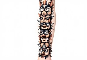 A black and brown totem pole with stacked animal faces carved into bark-like texture. tattoo idea