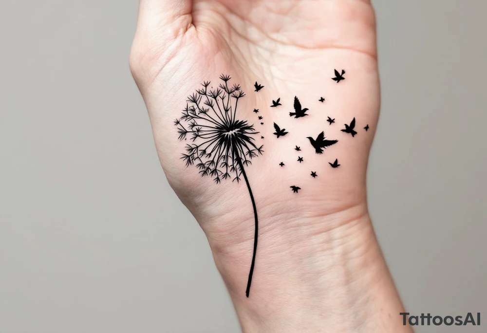 A dandelion with its leaves blowing away and turning into birds tattoo idea