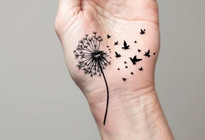 A dandelion with its leaves blowing away and turning into birds tattoo idea