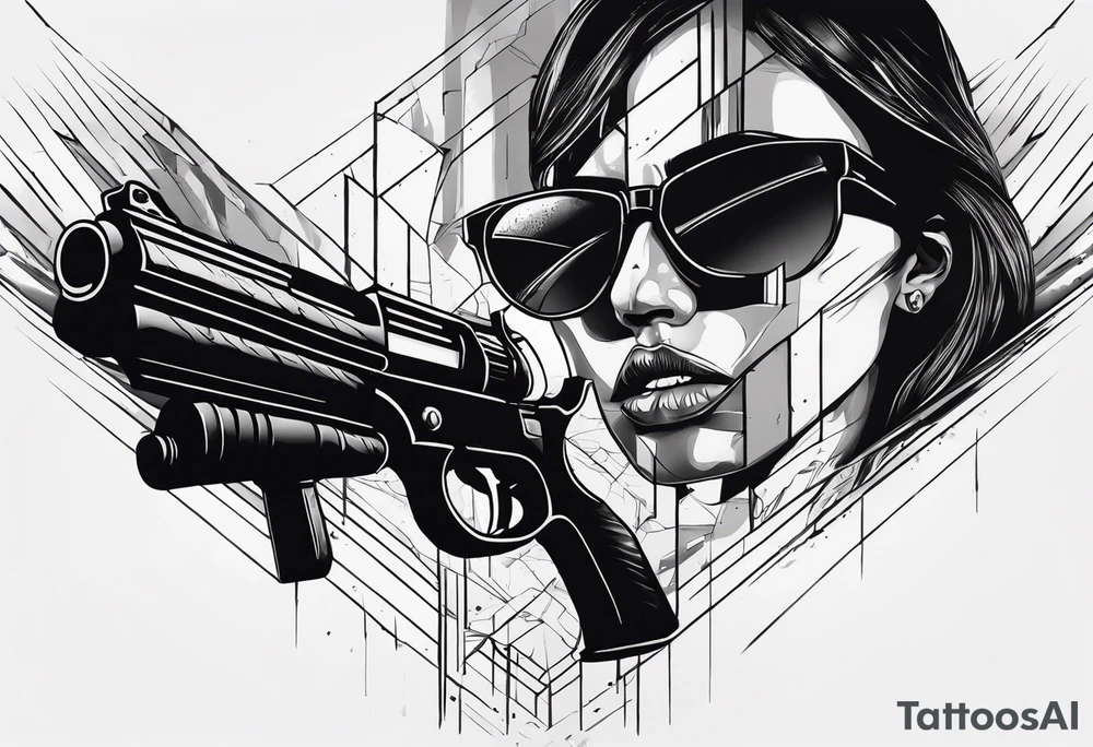 In the reflection of a eye two black siloets of people holding guns one man dead on the ground with a wounded woman standing behind him tattoo idea