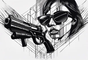 In the reflection of a eye two black siloets of people holding guns one man dead on the ground with a wounded woman standing behind him tattoo idea