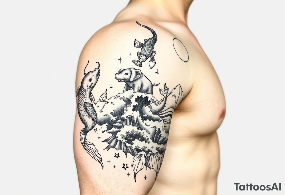 Koi fish and elephants with a wave design and underwater mountains  to go on the arm with alot of shading and intricate details tattoo idea