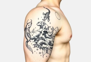 Koi fish and elephants with a wave design and underwater mountains  to go on the arm with alot of shading and intricate details tattoo idea