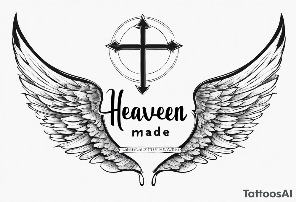 the words "Heaven Made" with angel wings on the side of the phrase tattoo idea