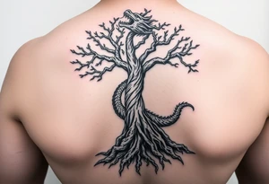 tree of life with roots absorbing a dragons tale while the dragon eats the top of the tree tattoo idea