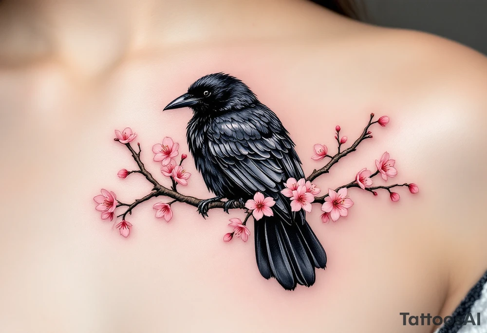 Crow with Cherry Blossoms – A serene crow resting on a branch of pink cherry blossoms. Contrast of black feathers and soft pink petals creates harmony. tattoo idea