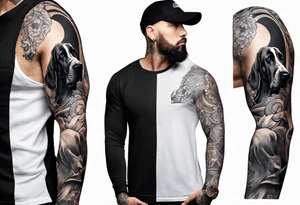 (full arm sleeve on guy) with (4) Four Great Dane floppy ear dogs with an outdoor vibe tattoo idea