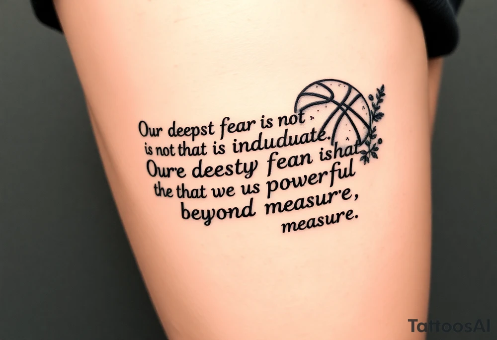 the quote is “ Our deepest fear is not that we are inadequate, Our deepest fear is that we are powerful beyond measure” intertwined with meaningful basketball things with it tattoo idea