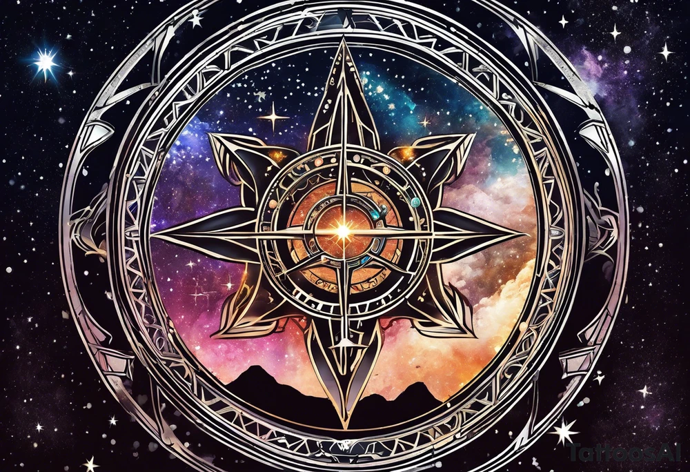 Matter, energy, space and time with an old stone theta symbol with stars in the background and Scorpio constellation tattoo idea