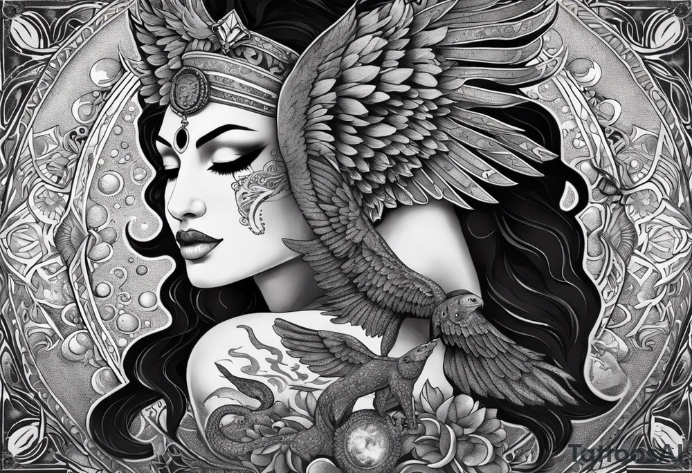 black kali, goddess pirate, alien, angel, pachamama, valkrye, warrior, flying, skull, lotus azul, wing, eagle, zenza resonance, stars, 5D, anahata chakra, death, durga, riding on a tiger, flying lady, kundalini, chest tatoo, samuri, rebel, serpent tattoo idea