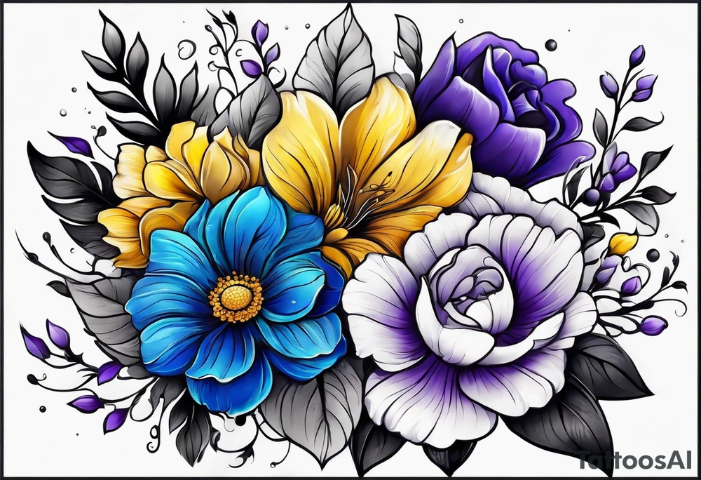 Arm sleeve with purple, yellow and blue flowers tattoo idea